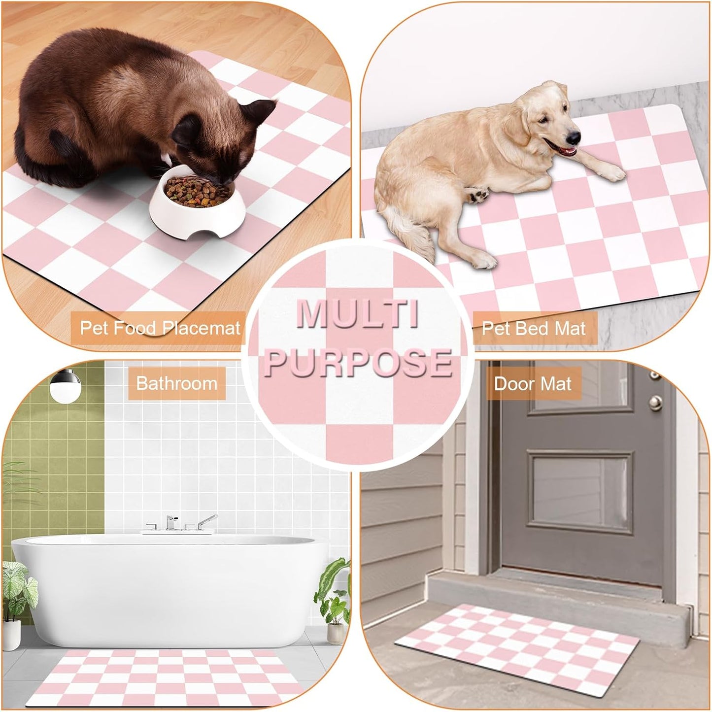 Pet Feeding Mat, 16"x 24" Absorbent Dog Food Mat, Checkered Cat Bowl Mats, Easy to Clean Pet Placemats, Quick Dry Dog Water Dispenser Mats for Messy Drinkers, Pink & White