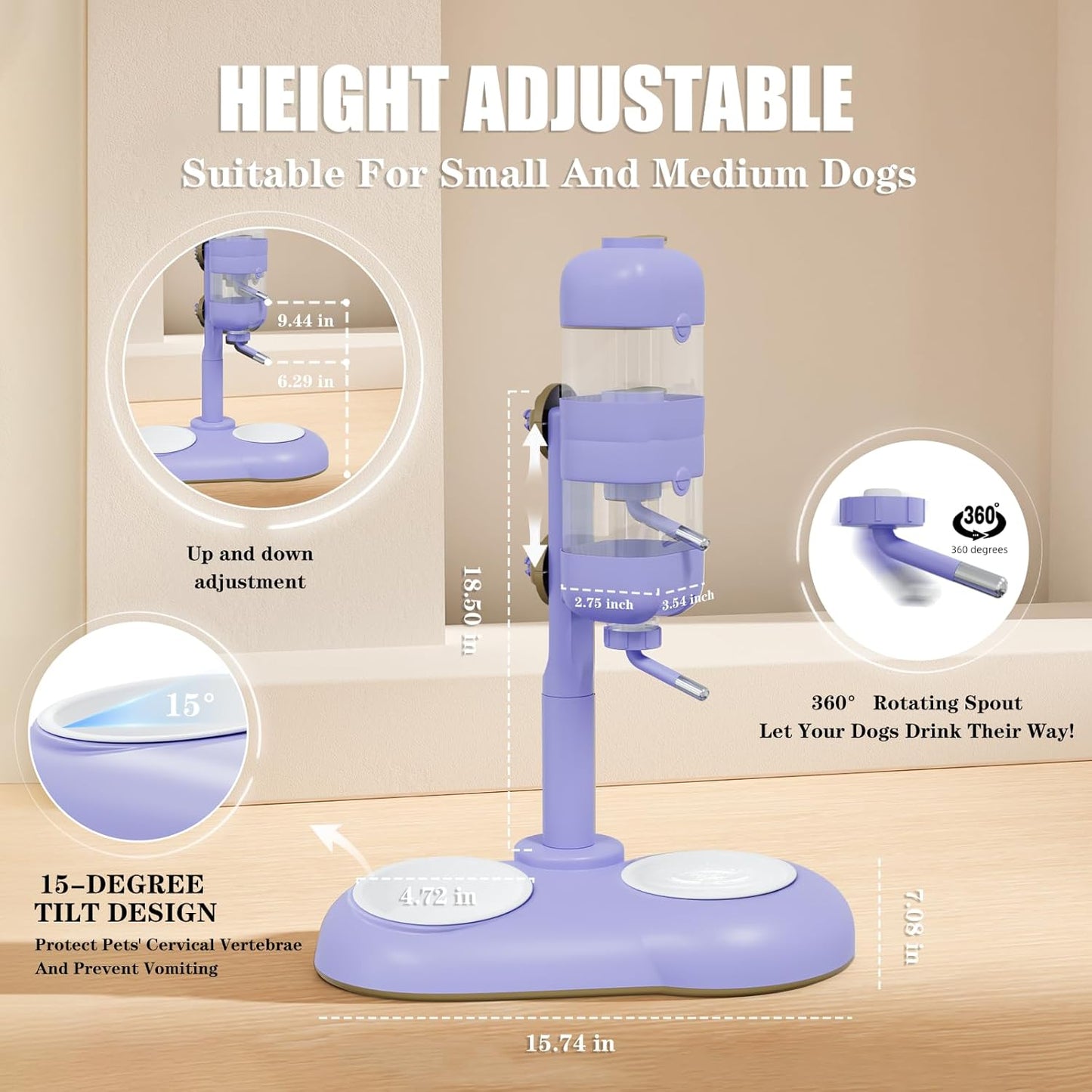 Dog Bowls with Puppy Weaning Bottles,3 in 1 Dog Bowl Set with Water Dispenser and 2 Food Grade Ceramic Bowls for Cats,Bunnies,Ferrets and Small Sized Dogs（Purple）