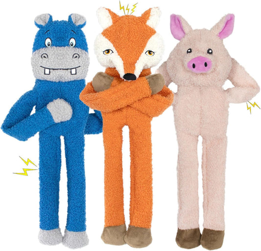3 Pack No Stuffing Crinkle Squeaky Interactive Plush Dog Toys for Aggressive Chewers to Keep Puppy Busy for Boredom Small & Medium Breeds Furry Friend Teething Orange Fox Pink Pig Blue Hippo