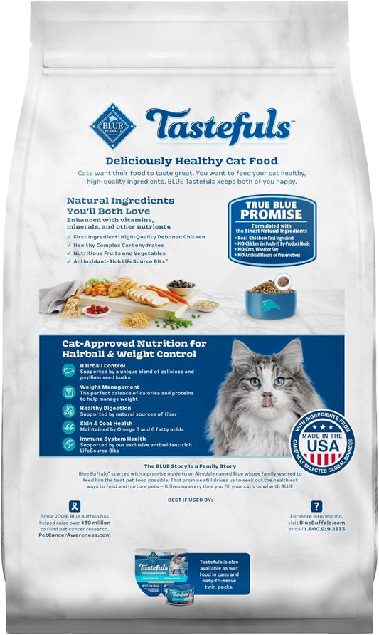 Blue Buffalo Tastefuls Weight & Hairball Control Natural Dry Food for Adult Cats, 3-lb. Bag