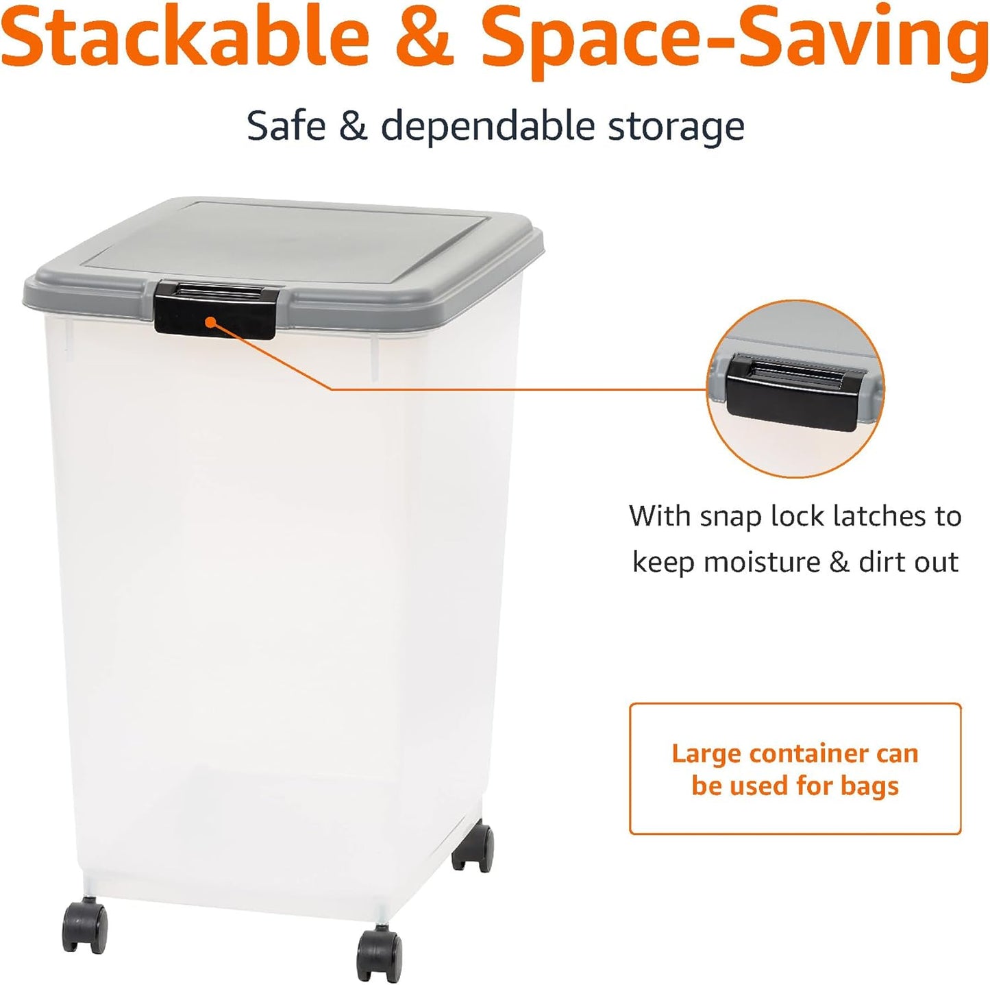 Amazon Basics Airtight Dog Food Storage Container with Scoop and Wheels, 69 QT, Gray