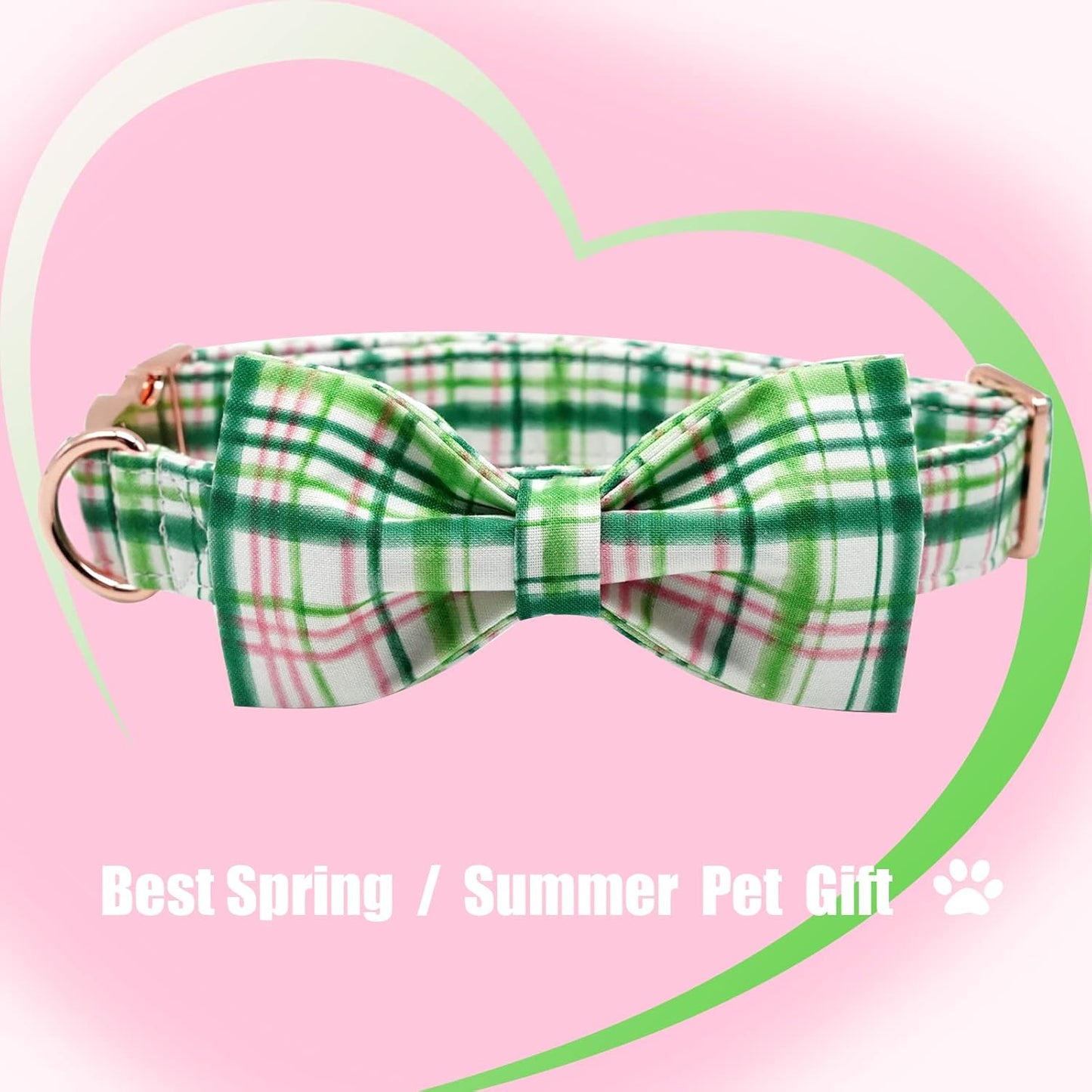 Elegant Little Tail Dog Collar with Bow - Pink with Green Plaid, Cute Bowtie, Adjustable for Medium Dogs