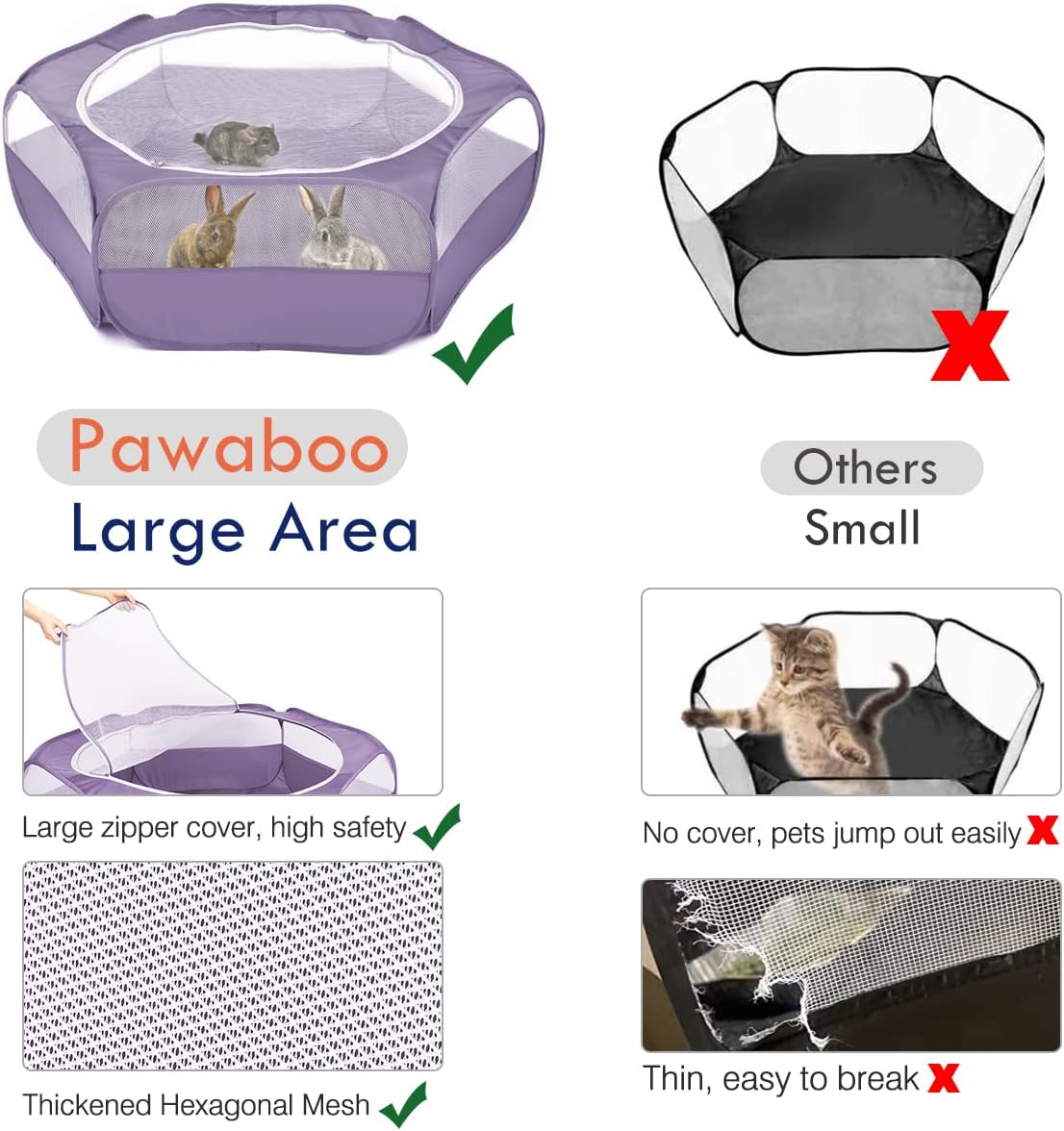 Pawaboo Small Animals Playpen, Waterproof Small Pet Cage Tent with Zippered Cover, Portable Outdoor Yard Fence with 3 Metal Rod for Chick/Kitten/Puppy/Guinea Pig/Rabbits/Hamster/Chinchillas, Purple