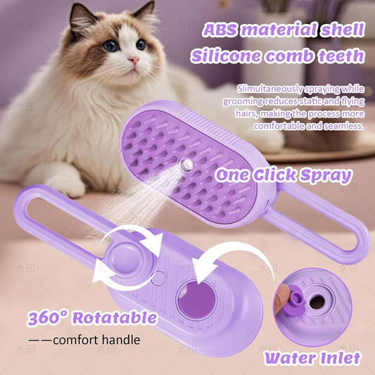 4 in 1 Cat & Dog Steam Brush Kit with 2 Comb Heads - Rechargeable Grooming Brush for Long/Short Hair Shedding, Anti-Static Steam Spray & Foldable Handle, Pet Spa Cleaning Tool (Purple)