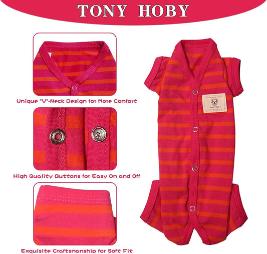 TONY HOBY Female/Male Dog Pajamas, Dog Jumpsuit 4 Legged Pajamas with Stripes, Soft Cotton for Comfortable Sleep (Rose Red&Orange, Boy, S)