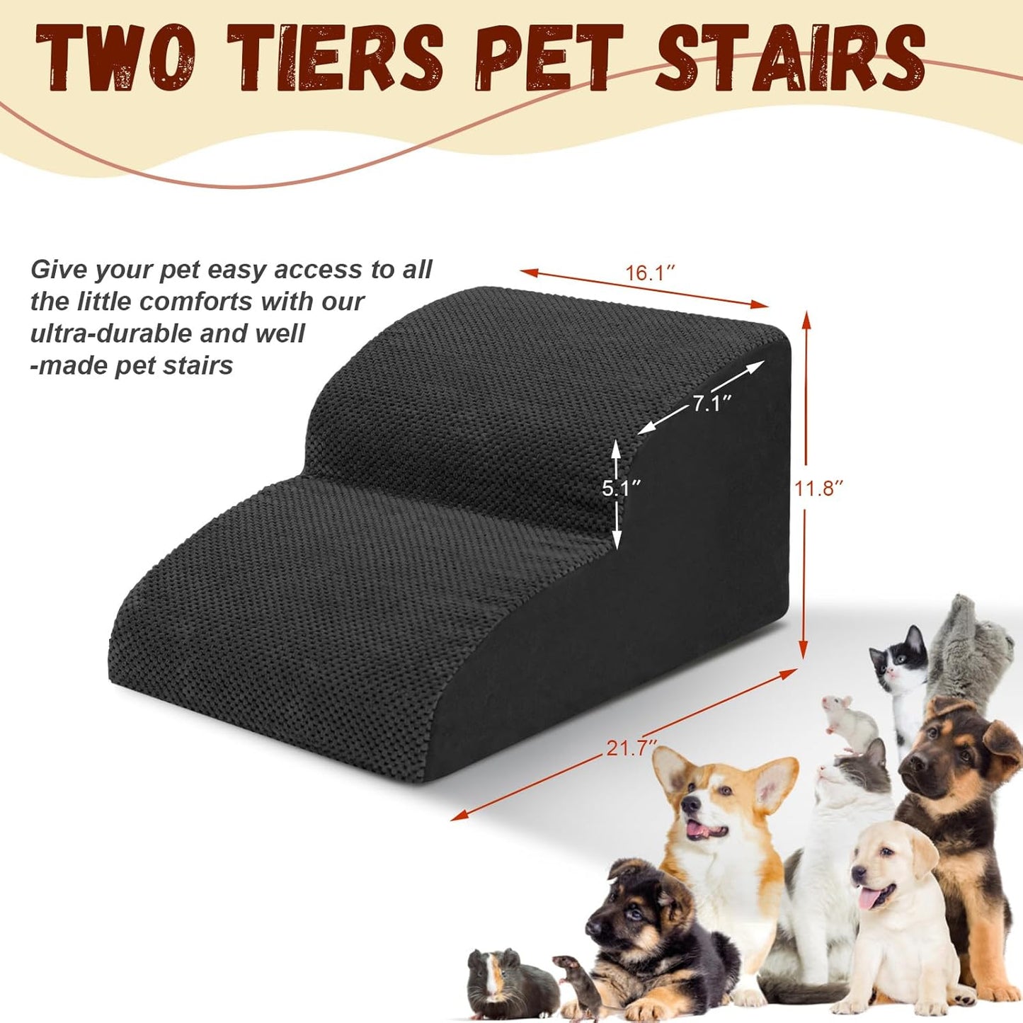Dog Stairs for Small Dogs - High Density Foam Pet Steps, Extra Wide Dog Ramp with Non-Slip Bottom for High Beds, Couch and Sofa, Best for Dogs Injured, Older Doggy Cats,2 Steps, Black