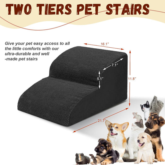 Dog Stairs for Small Dogs - High Density Foam Pet Steps, Extra Wide Dog Ramp with Non-Slip Bottom for High Beds, Couch and Sofa, Best for Dogs Injured, Older Doggy Cats,2 Steps, Black