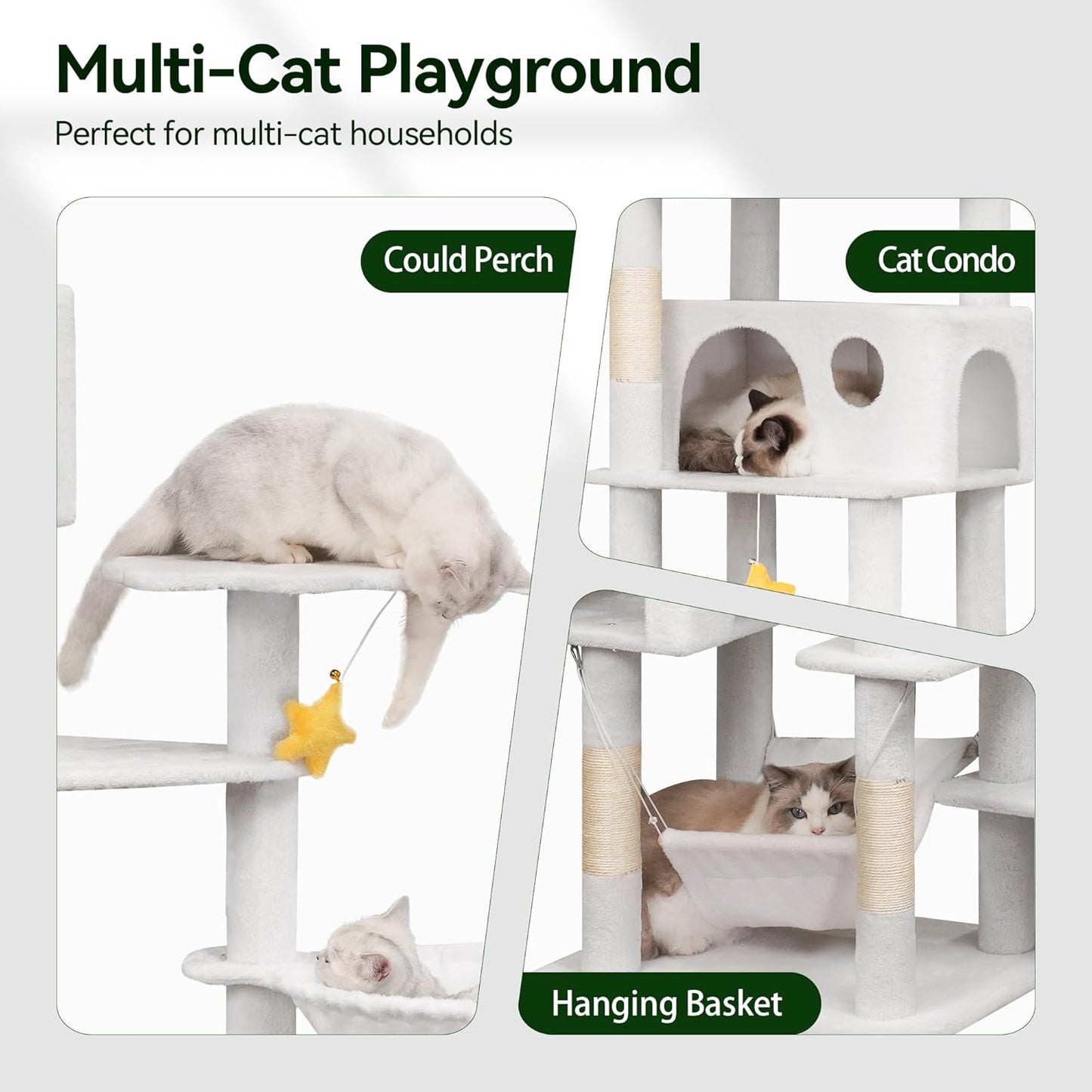 85in Tall Cat Tower for Heavy Duty Big Cats, Large Cat Tree with Scratching Post, Plush Perches, Cozy Cat Condos & Hanging Hammocks for Maine Coon, White