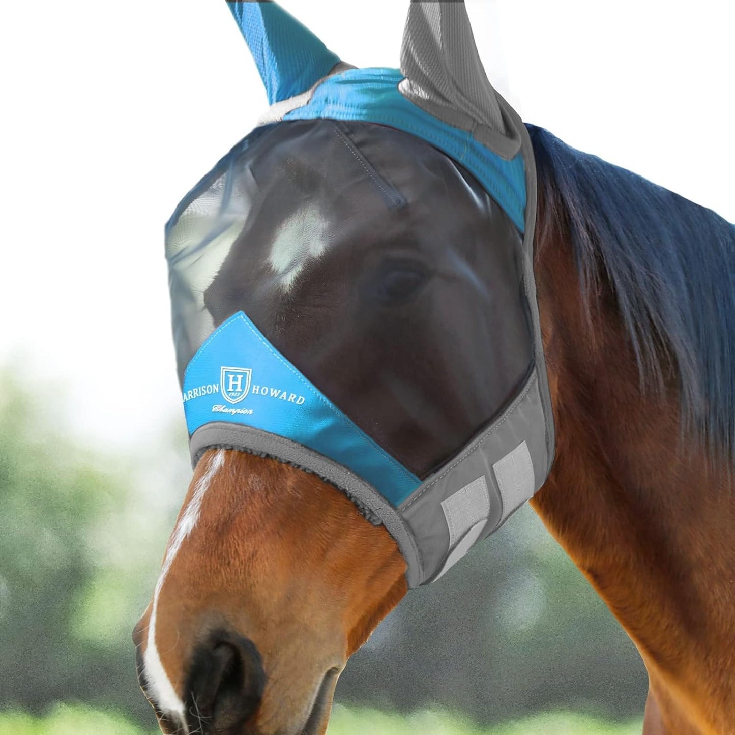 Harrison Howard Pro Luminous Horse Fly Mask Standard with Ears UV Protection for Horse Azure Blue/Silver Medium Cob