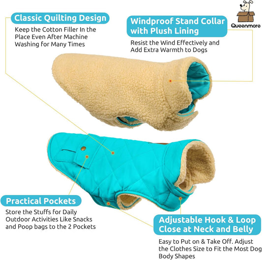 Queenmore Warm Dog Coat, Cold Weather Puffer Dog Coat Vest, Quilting Winter Pet Jacket Ultra Thick Plush Fleece Lining Pet Clothes for Dogs with Storage Pockets (Light Blue,X-Large)