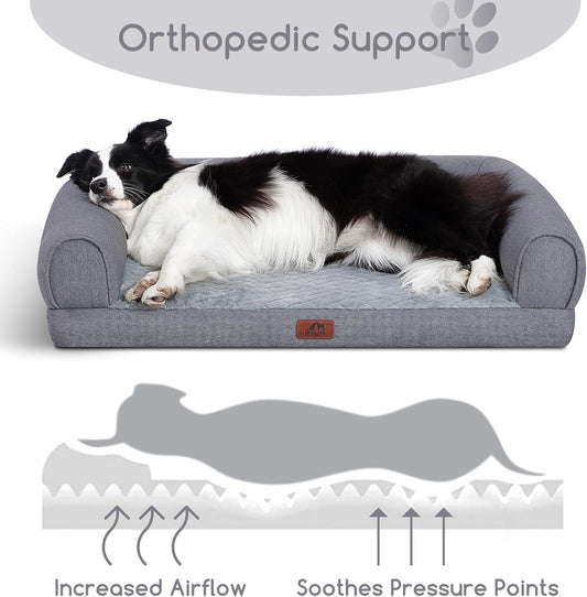 Hollypet Orthopedic Dog Bed for Large Dogs, Supportive Foam Pet Couch with Removable Washable Cover and Non-Slip Bottom, Waterproof Lining Dog Sofa Bed, Gray, L (36 * 26 * 8)