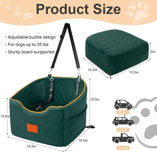 Dog Car Seat for Small Dogs, Memory Foam Booster Dog Seat for Dogs up to 35 lbs, Elevated Pet Car Seat, Travel Safety Pet Seat with Washable Removable Cover, Storage Pockets (Green)
