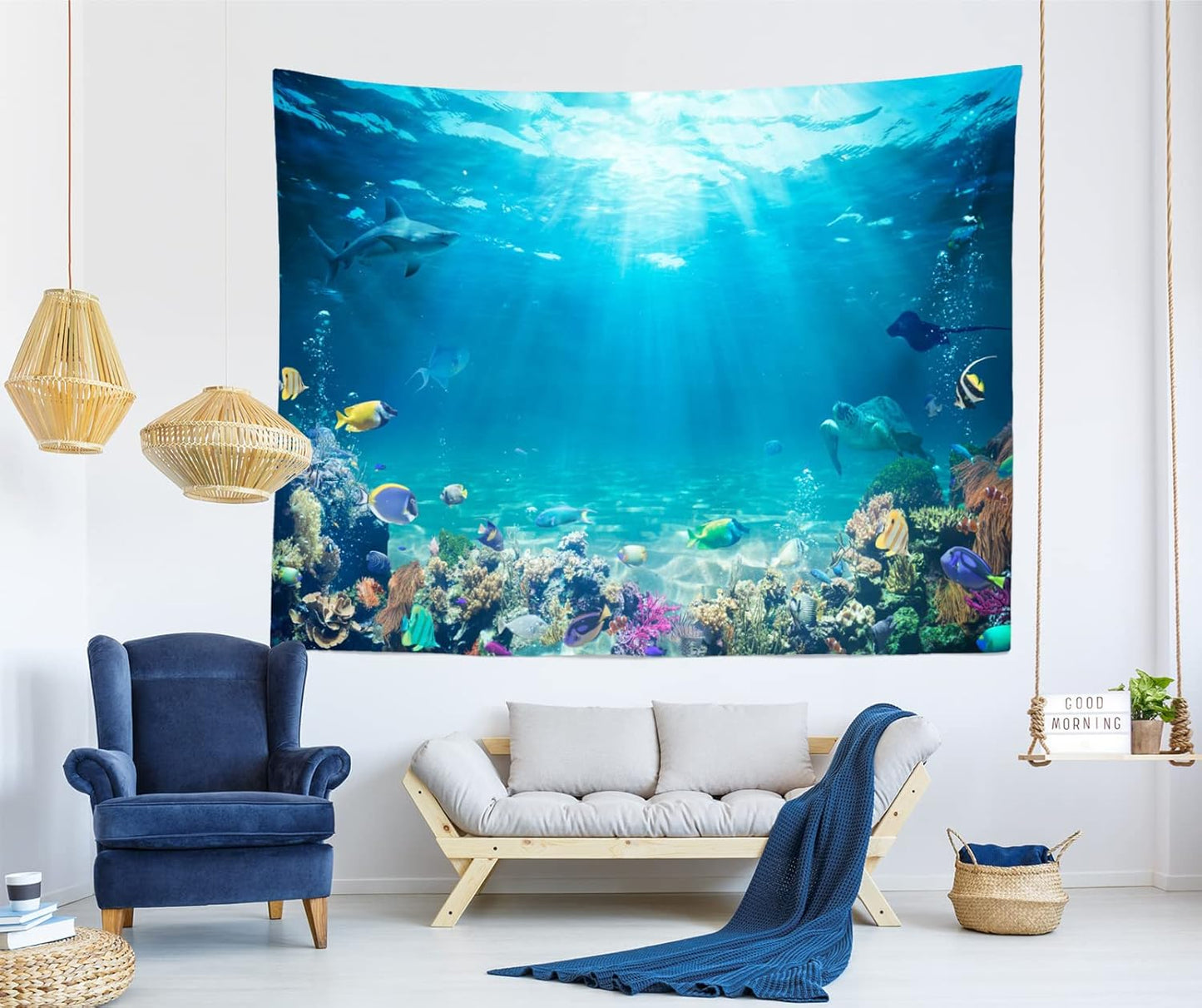 Loccor Underwater World Tapestry Blue Ocean Wall Hanging Under the Sea Coral Reef Wall Tapestry 140x118 Inches Tropical Fish Tank Undersea Tapestries Marine Wall Art for Bedroom Living Room Dorm Decor