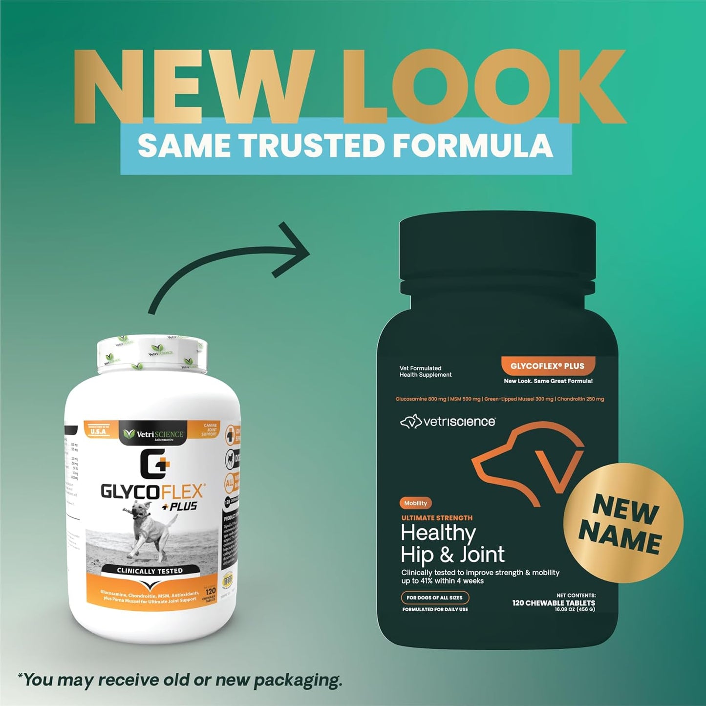 VetriScience Ultimate Strength Healthy Hip & Joint Chewable Tablets, GlycoFlex Glucosamine, Chondroitin and Green-Lipped Mussel Joint Supplement for Dogs, Soothe Joint Discomfort, Chicken, 120 Count