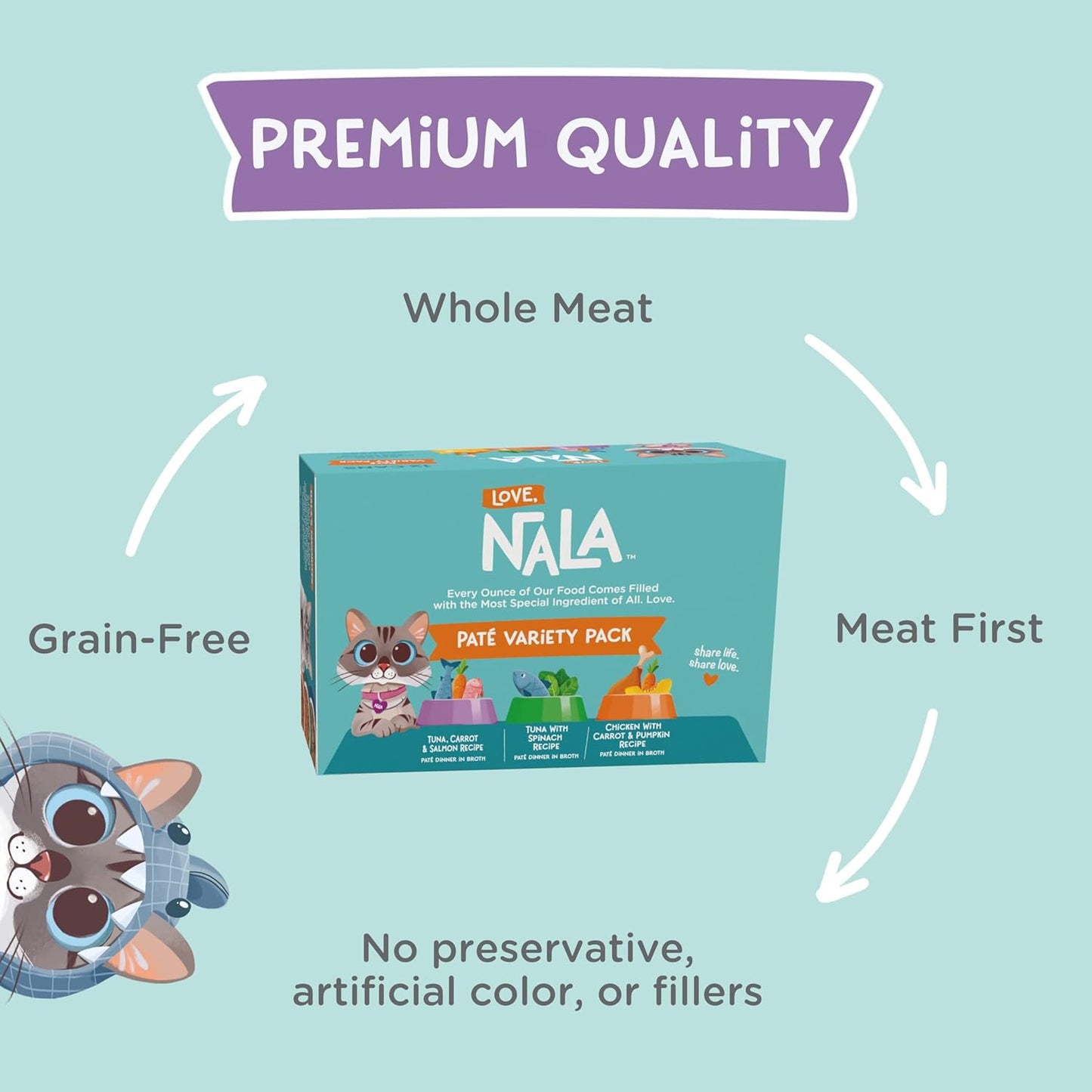 LOVE, NALA - Natural Adult Cat Wet Food - Pate Variety Pack - Tuna, Chicken, Tuna and Salmon - Grain Free, Non-GMO, Fiber Blend, Minerals, Vitamins - 12 Pack 2.1 lbs.