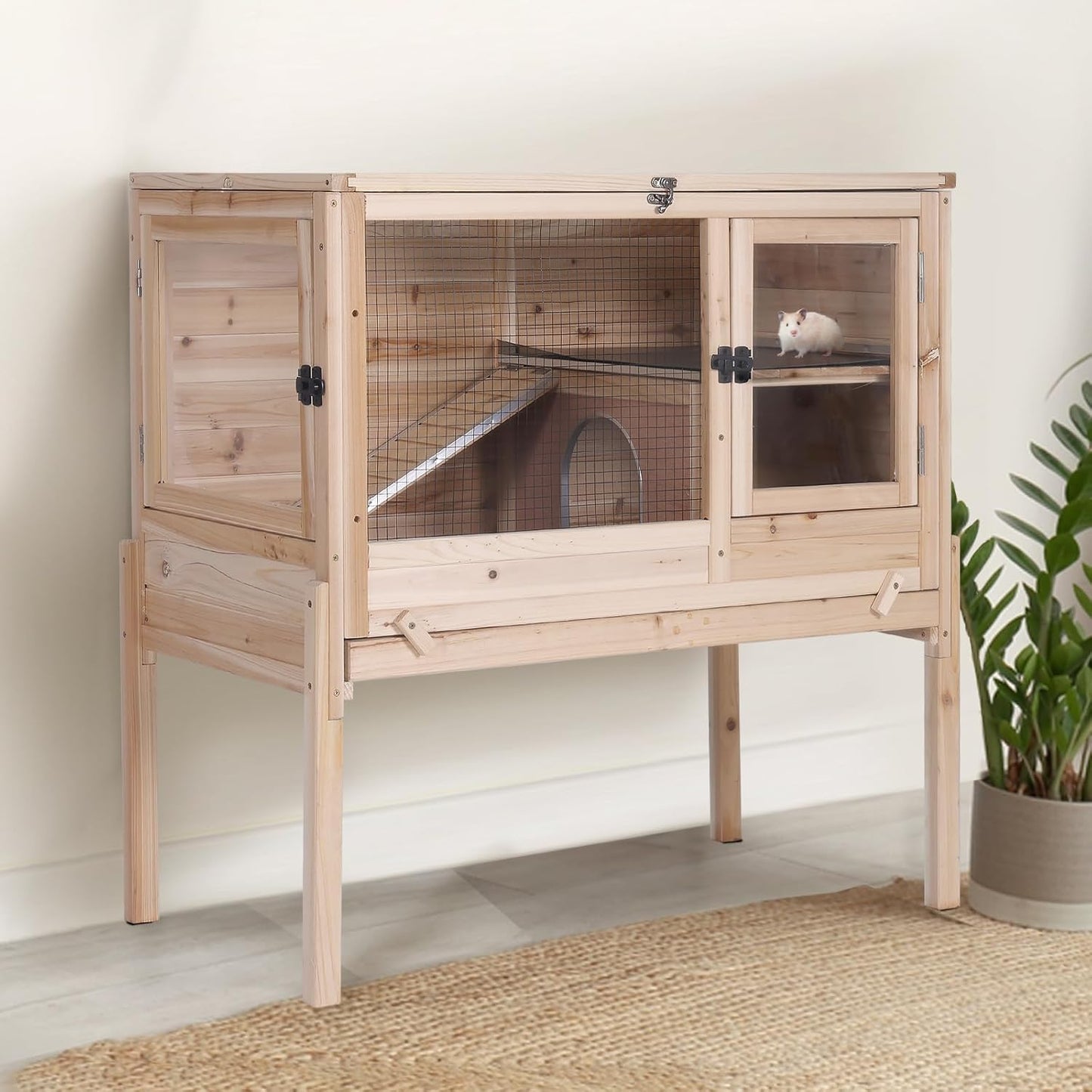 Guinea Pig Cage with Wooden Stand,Indoor Rabbit Hutch with 2 Stories,Hamster Cage with Anti Chew Ramp,Hideout, Platform, Pull Out Tray (Wood)