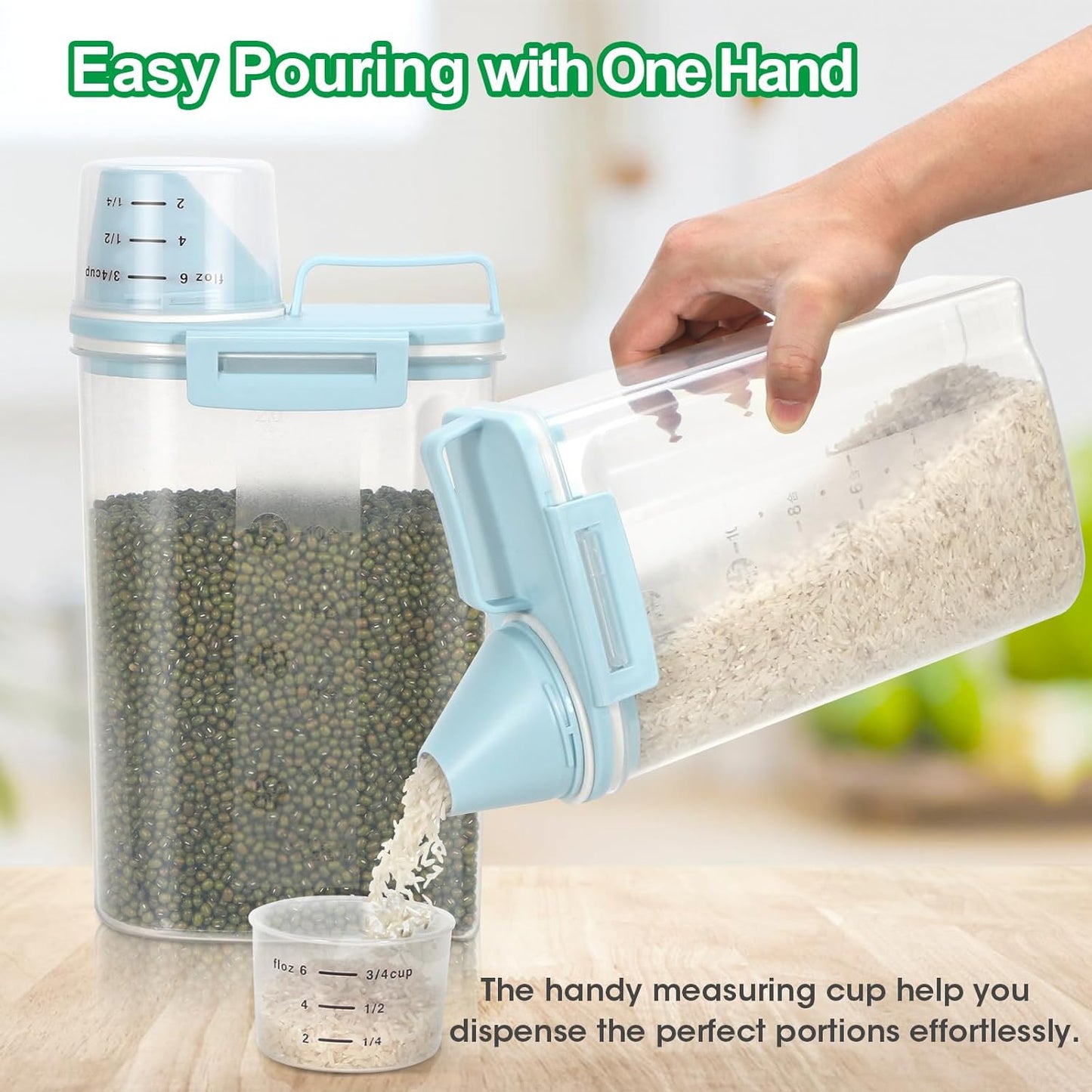 TBMax Rice Storage Container 2 Pack, Plastic Kitchen Pantry Food Storage Container with Cup, Small Pet Dog Cat Food Container Dispenser - Sky Blue