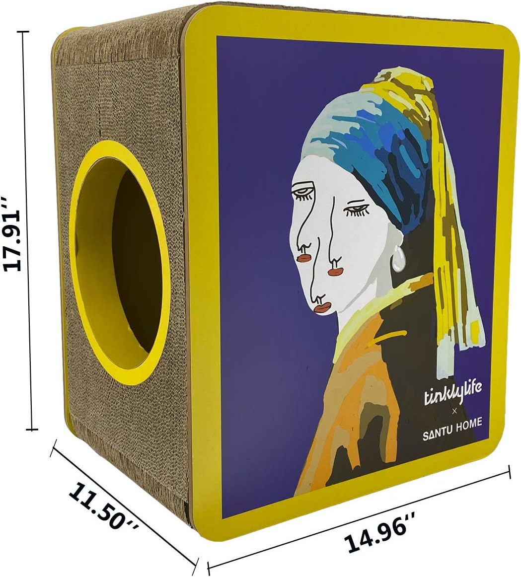 Cat Scratcher Cardboard, Girl with a Pearl Earring Shape Adaptation Spoof Version Cat Scratching House Bed Furniture Protector, Pink