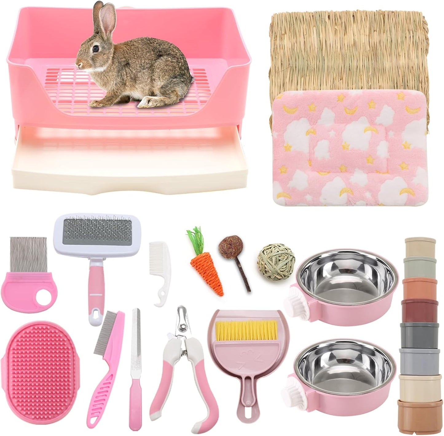 25 Pcs Large Rabbit Starter Kit, Bunny Litter Box with Drawer Animal Grooming Kit Stacking Cups Bowl Blankets Mat with Cleaning Set for Adult Guinea Pig, Ferret, Hamster, Bunnies Accessories (Pink)
