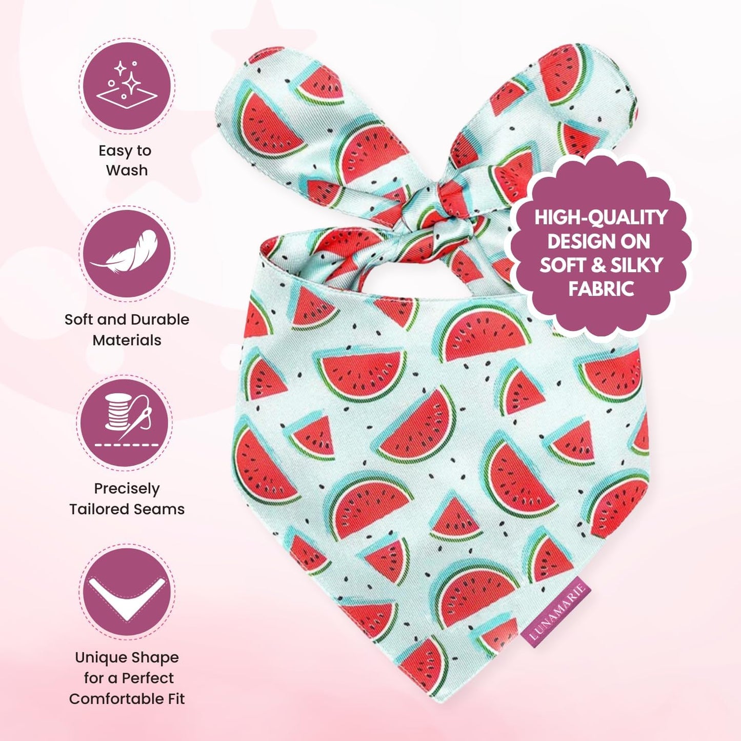 LunaMarie - Luxury Dog Bandanas - Cute Watermelon Design | Premium & Soft Fabric | 100% Handmade Custom Adjustable Shape Dual Layered Small, Medium, Large Cat Scarf (Watermelon, Medium)