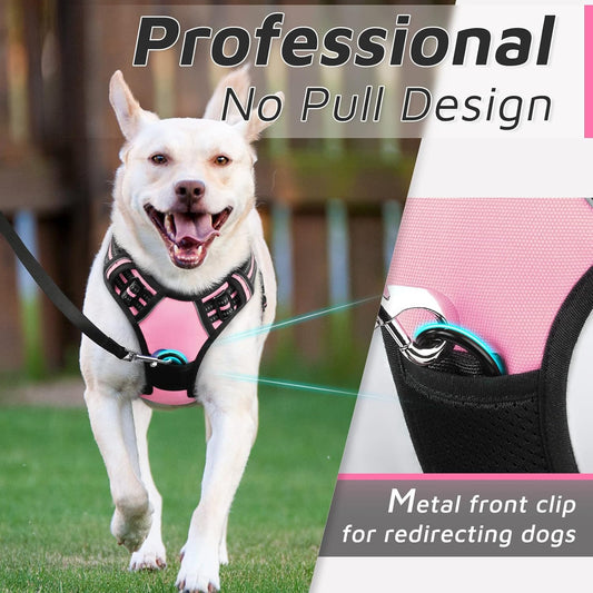 Eagloo Dog Harness for Large Dogs, No Pull Service Vest with Reflective Strips and Control Handle, Adjustable and Comfortable for Walking, No Choke Pet Harness with 2 Metal Rings, Pink, L