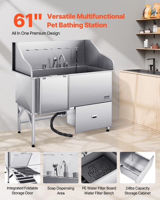 VEVOR Professional 304 Stainless Steel Dog Bathing Station, 61 inch Pet Grooming Tub w/Anti-Slip ramp, Storage Drawer, Cold Hot Faucet Showerhead, for Large & Medium & Small (Left Door, with Drawer)