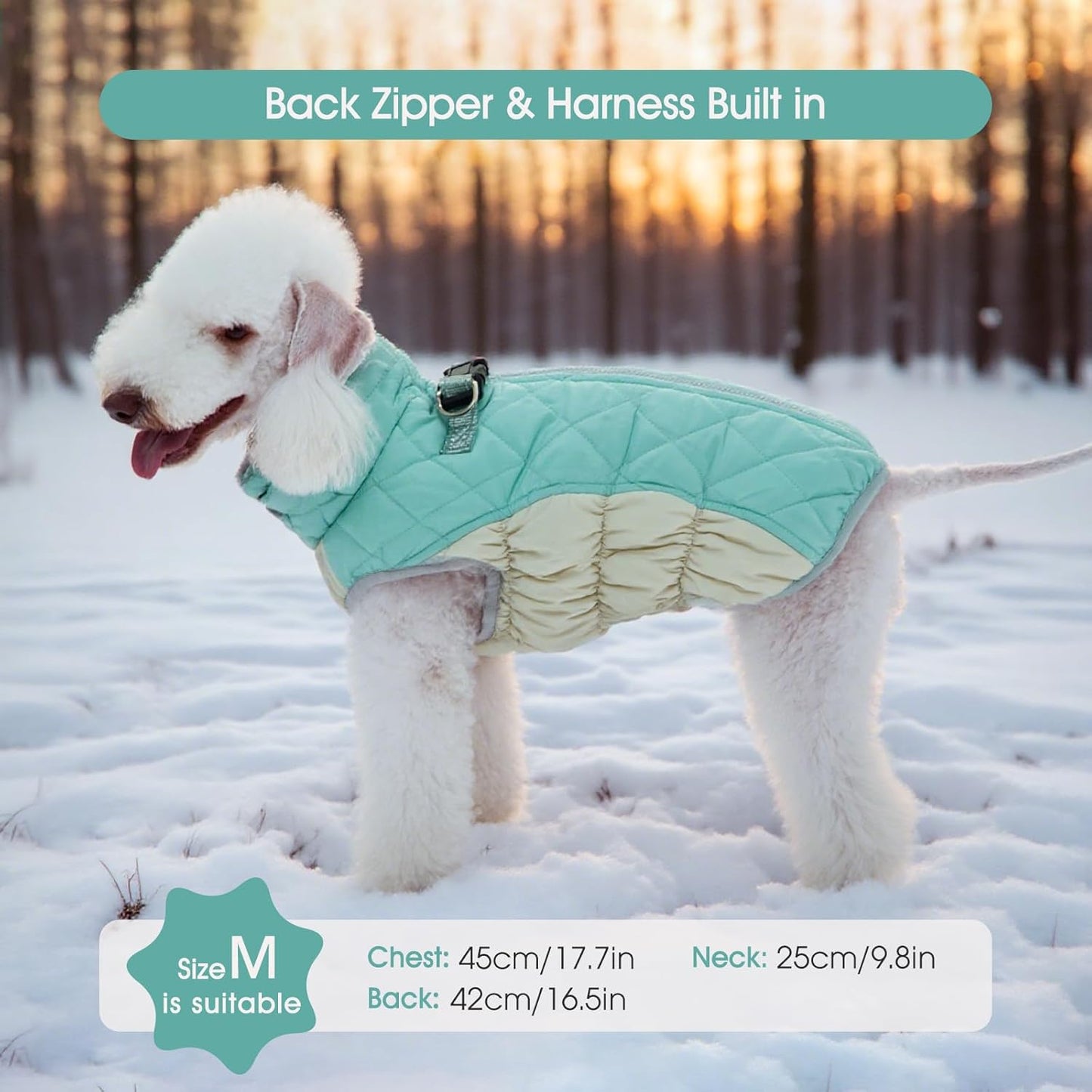 FUAMEY Dog Coat for Small Dogs,Waterproof Dog Winter Jacket with Harness Built in Puppy Cold Weather Coats Reflective Pet Vest with Zipper Warm Fleece Dogs Snowsuit Windproof Mint Green XS