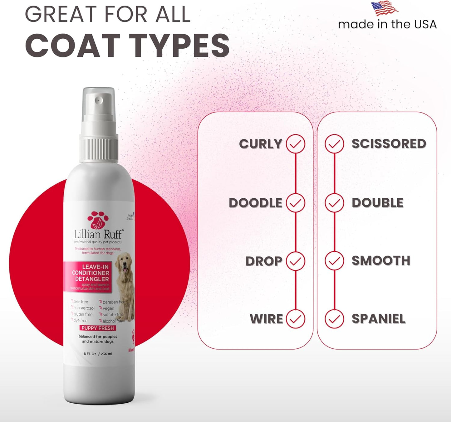 Lillian Ruff Leave-in Dog Conditioner & Detangler Spray - pH Balanced After-Bath No Rinse Dog Conditioning Spray - Silky Shine Spray for Dry Skin, Itch Relief, Detangling & Dematting (8oz/Brush)