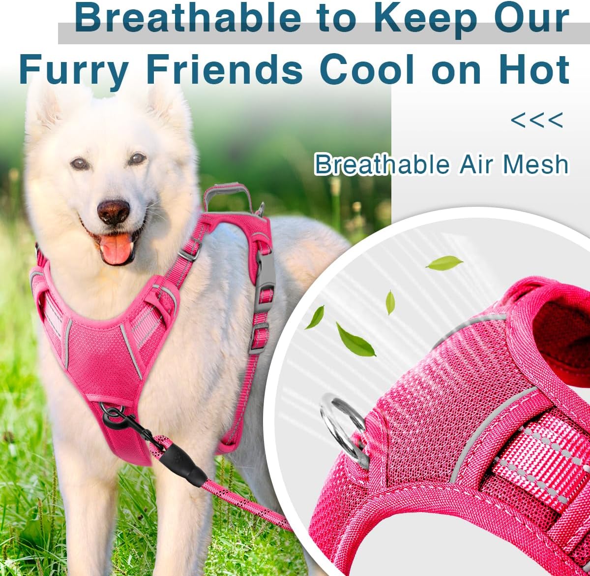 BARKBAY Dog Harness No Pull with ID Tag Pocket - Heavy Duty, Reflective, Easy Control for Large Dogs(Pink,XL)