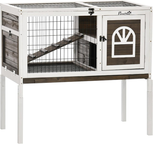 PawHut Wooden Rabbit Hutch, Indoor Elevated Guinea Pig Cage with Run, Ladder, Lockable Doors and Removable Tray, Coffee