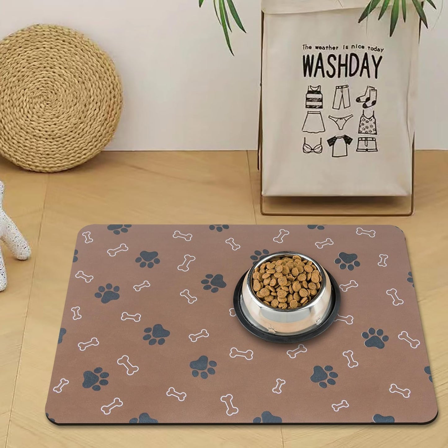 Pet Cat Dog Food Mat Non Slip Mat for Dog Water Bowl Mat Quick Dry Absorbent Cat Feeding Mat, 24 * 16.9 in, Brown
