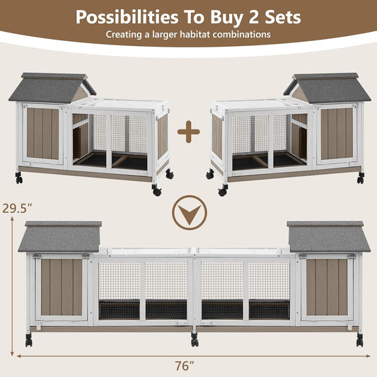 76''L Rabbit Hutch Outdoor Indoor with Wheels, Wooden 2 Story Bunny House Rabbit Cage with Run, Waterproof Roof, Pull Out Tray, Guinea Pig Cage Chicken Coop for Small to Medium Pets