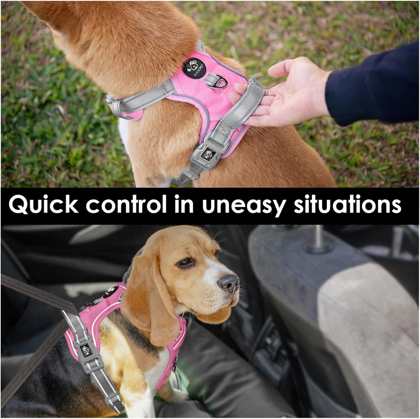 PHOEPET No Pull Dog Harness, Unique Colors Reflective Adjustable Dog Vest, with Soft Training Handle Metal Clips for Small Medium Large Dogs (Baby Pink Base & Grey Straps,XL)