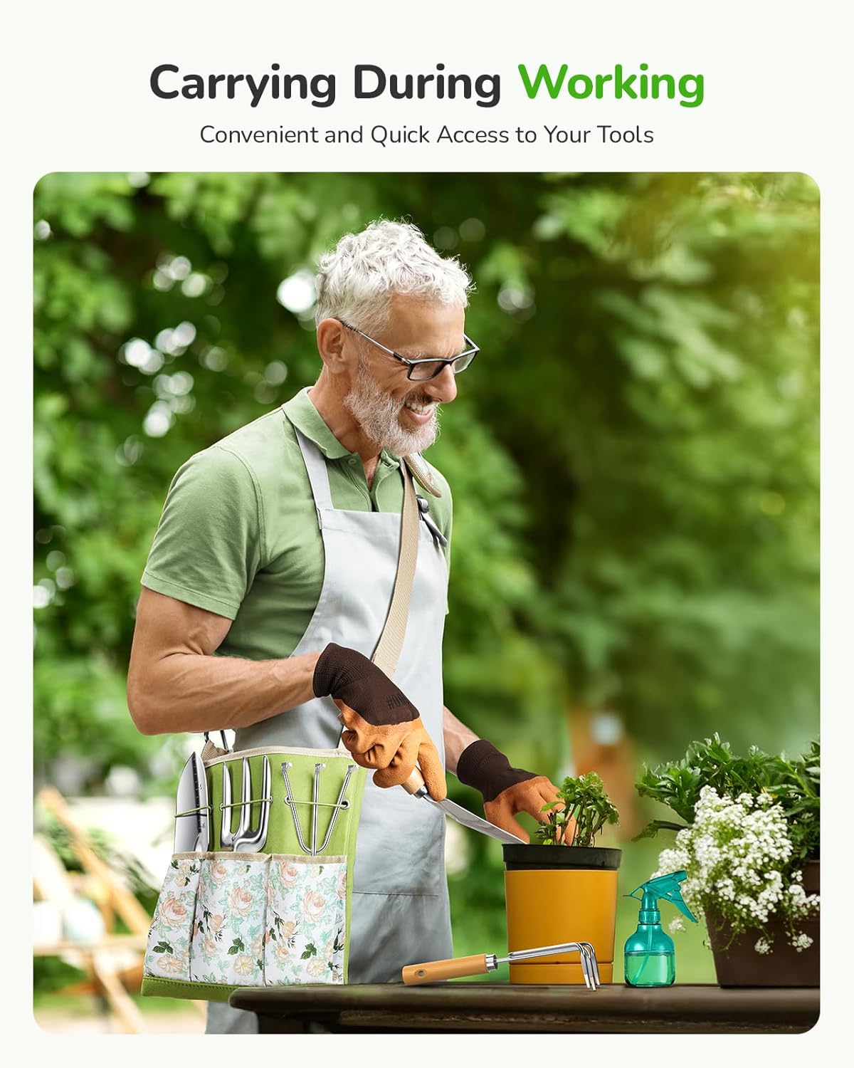 All-in-One Garden Tool Set, 11-Piece Heavy Duty Gardening Tools with Ergonomic Canvas Shoulder Crossbody Bag, Rust-Proof Premium Garden Tool Kit, Gardening Gift for Women Men, Green, GR003