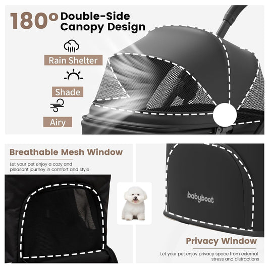 Lightweight Dog Stroller for Small Dogs & Cats Portable Compact Folded Pet Stroller Up to 35lbs Medium Pets One Click Folding Large Cat Carriage with Convertible Canopy Storage Basket-Black