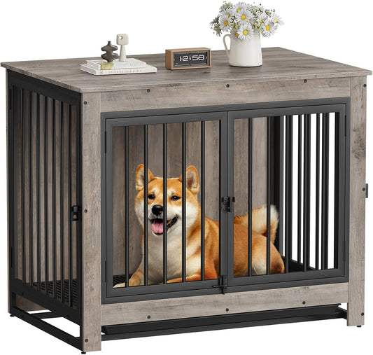 Dog Crate Furniture, Dog Crate End Table for Medium and Large Dogs,Wooden Cage Kennel Furniture Indoor, Modern Dog Crate with Multi-Purpose Removable Tray, Double-Doors Dog Furniture