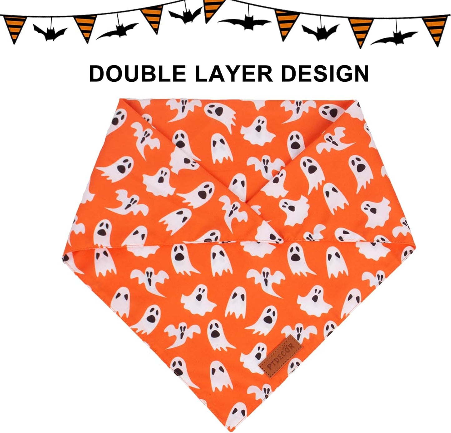 PTDECOR Halloween Dog Bandana, Reversible Holiday Pet Puppy Scarf, Multi Size, Triangle Halloween Bandanas for Small Dogs Puppies Cats (Orange, Small)