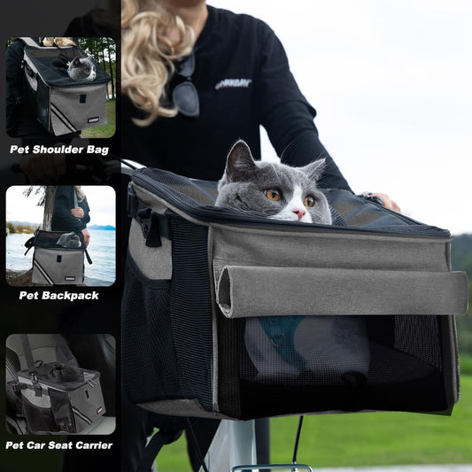 Pet Carrier Bicycle Basket Bag Pet Carrier/Booster Backpack for Dogs and Cats with Big Side Pockets,Comfy & Padded Shoulder Strap,Travel with Your Pet Safety（Titanium）