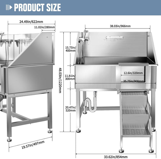 38" Pet Dog Bathing Station W/Ramp, Professional Stainless Steel Dog Grooming Tub W/Floor Grate, Faucet, Dog Bathtub for Large,Medium, Small Pets, Washing Sink for Home,R-RAMP