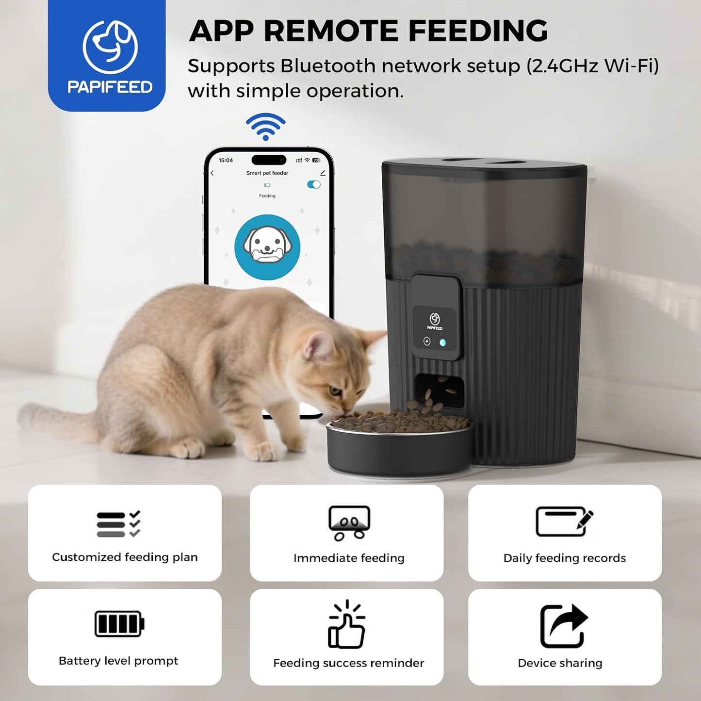 PAPIFEED Automatic Cat Feeder 3.5L/15 Cup 2.4G WiFi Pet Feeder for Dog Work with Alexa & Echo Timed Cat Food Dispenser for Remote Feeding with Stainless Steel Bowl up to 10 Meals Per Day with APP