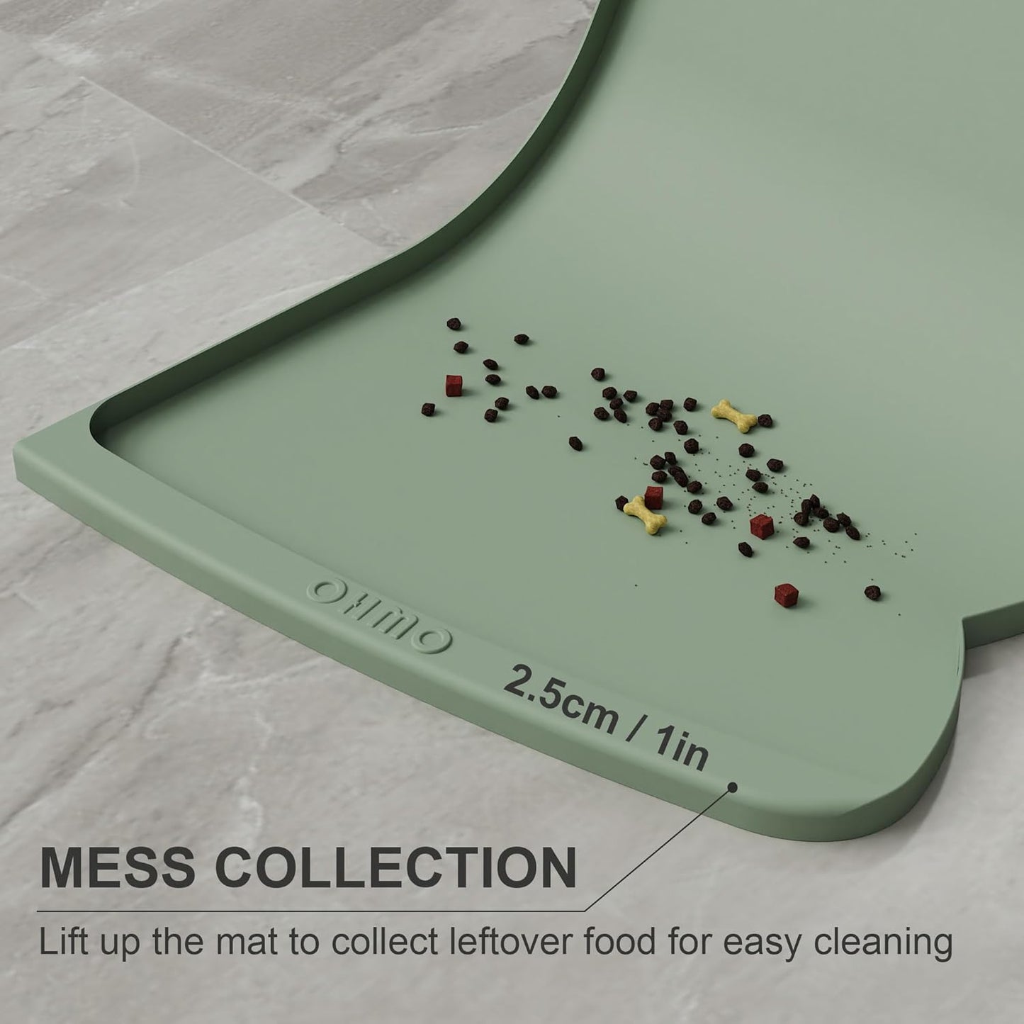 OHMO Dog Food Mat(Sage Green, 24 * 15'') w/Residue Collection Pocket Silicone Pet Feeding Mat for Floor High Edges Anti Spills Waterproof Cat Water Bowl Tray, Easy Clean Placemat