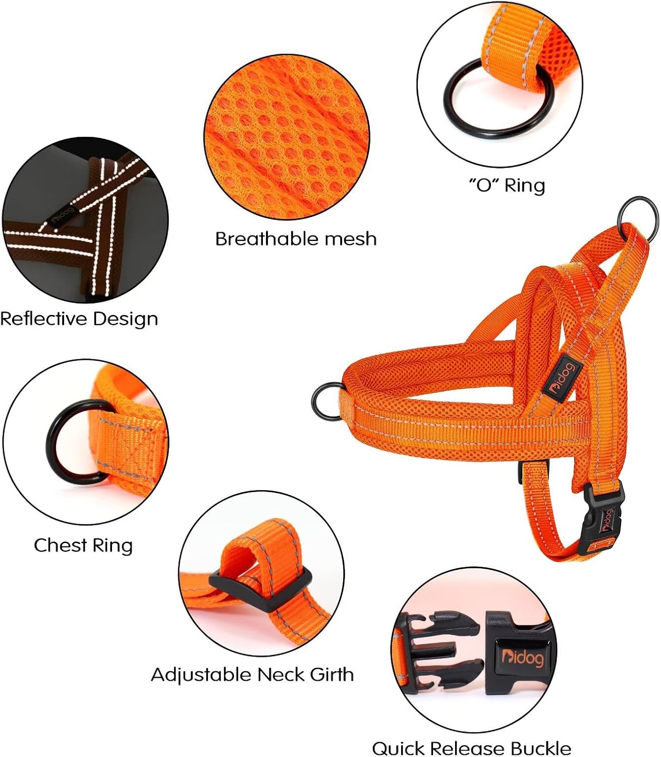 Didog No Pull Dog Harness with Soft Mesh Padded,Reflective & Quick Fit Light Weight Dog Strap Vest Harness,Easy for Walking Training (M:Chest 21-26", Orange)