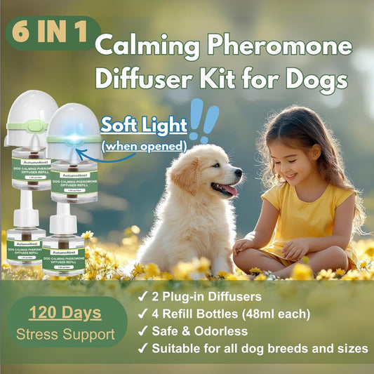 Dog Calming Pheromone Diffuser Kit, Pet Diffuser for Stress Support, Reduces Stress and Promotes Relaxed Behavior, 2 Plug-in & 4 Packs Refill, 120 Day Supply (Non-Toxic, Safe & Inedible), with Light