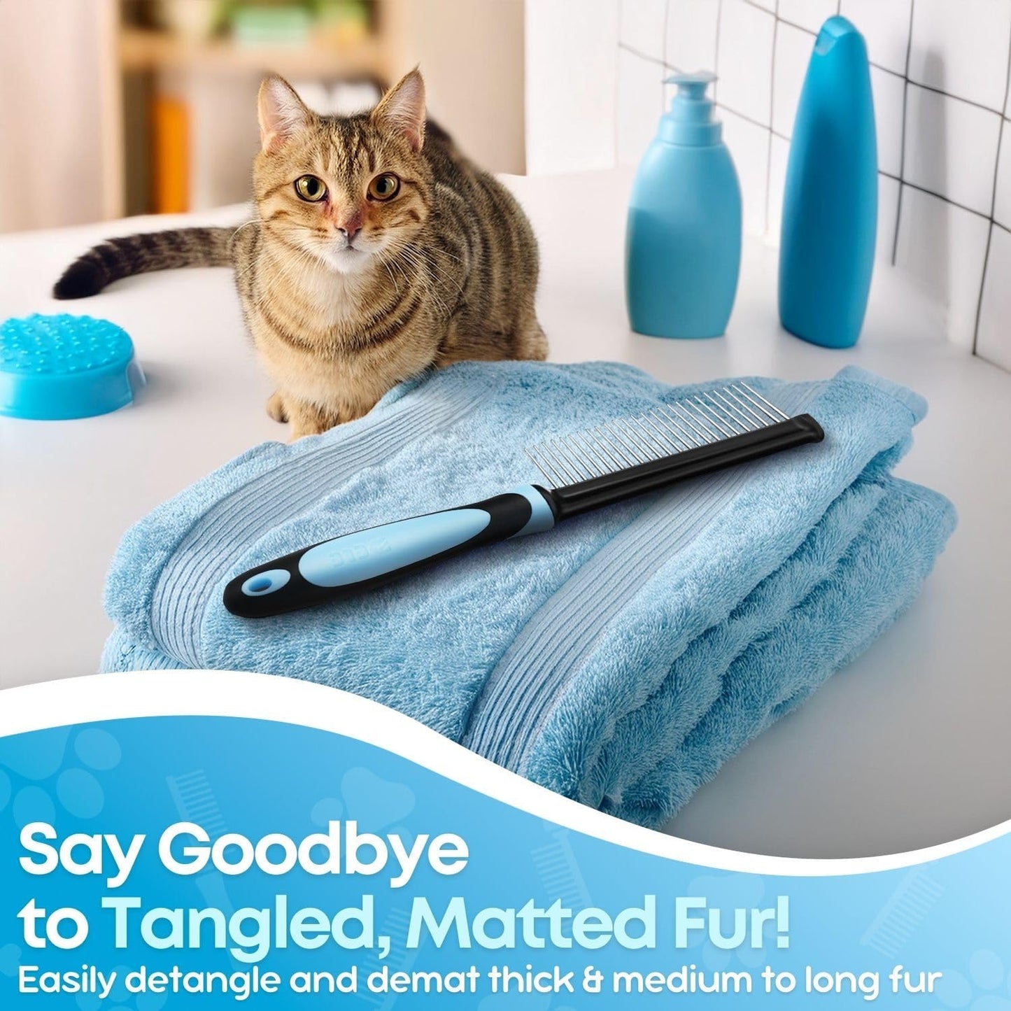 Flexzion Metal Pet Comb for Cats & Dogs - Sturdy Stainless Steel Rounded Teeth with Non-Slip Soft Grip Handle Easy to Use Grooming Detangling Cat Combs for Indoor Cats, Blue