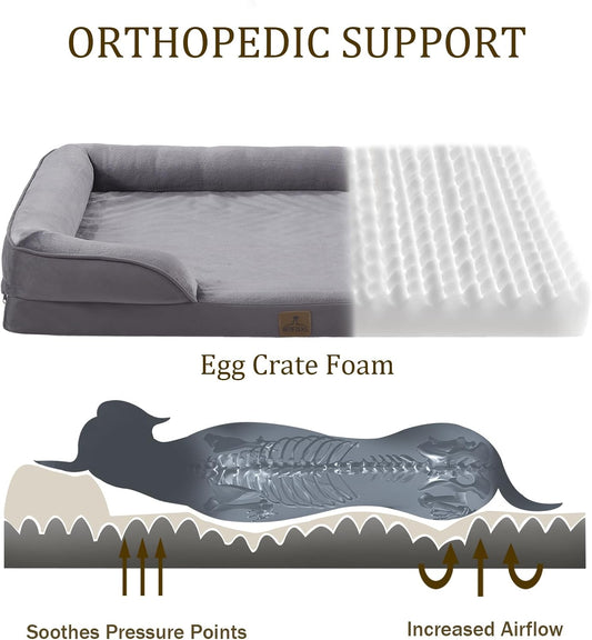 Bedfolks Orthopedic Dog Bed, Big Waterproof Dog Sofa Bed for Large Dogs, Egg Foam Pet Couch Bed with Removable Washable Cover and Nonslip Bottom, Dark Grey
