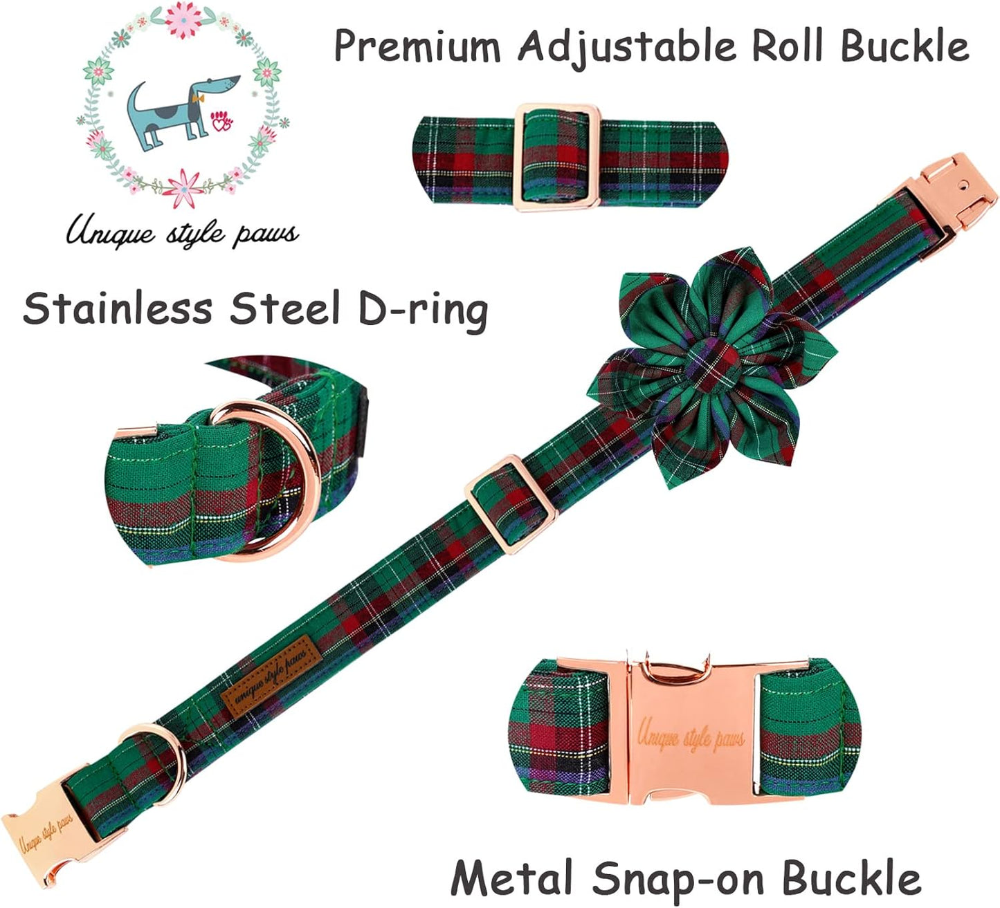 Unique style paws Dog Collar with Flower Tie Christmas Dog Collar for Small Medium Large Dogs with Adjustable Metal Buckle -L