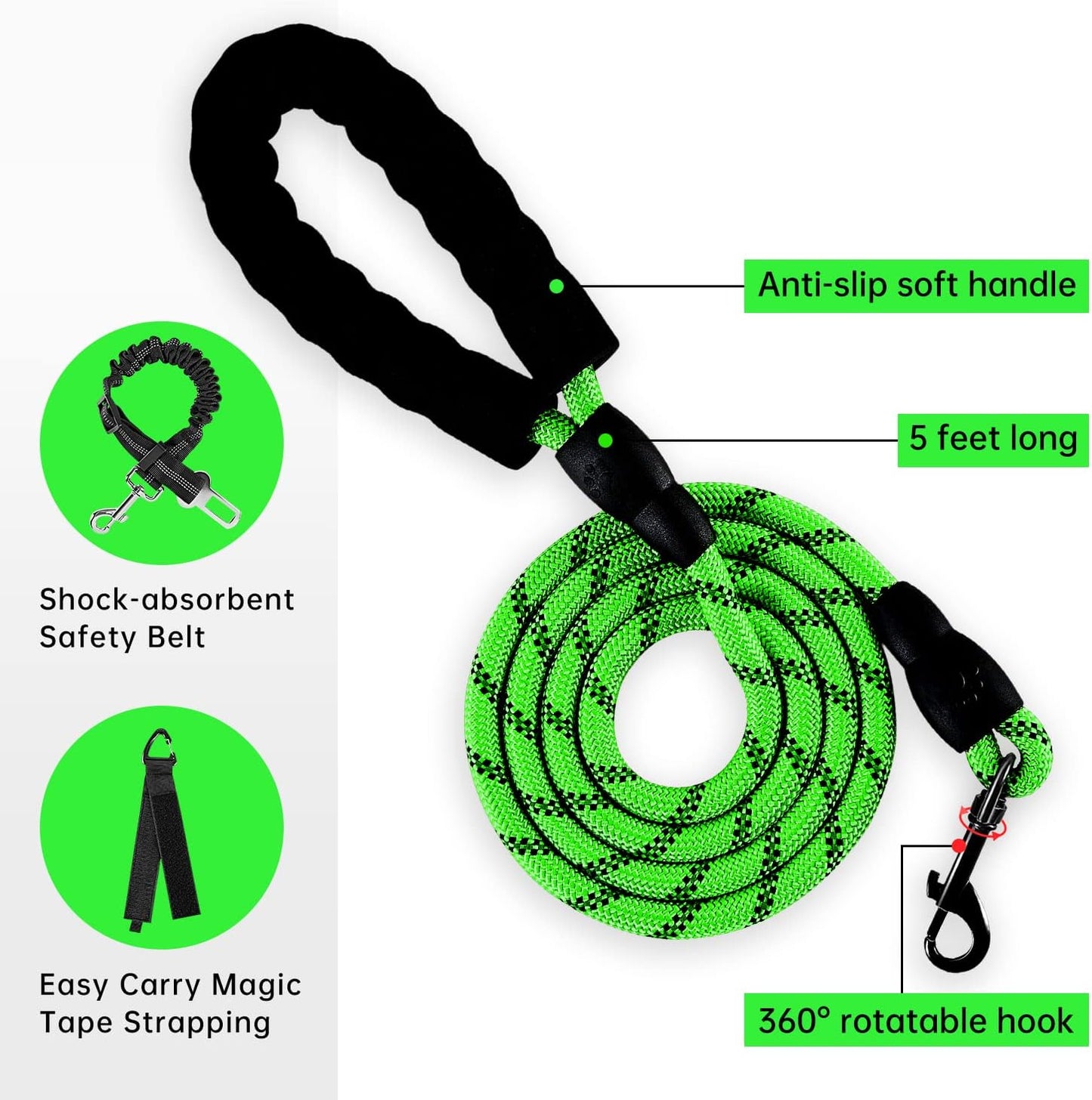 IVY&LANE No Pull Dog Harness for Medium Dogs, Dog Vest Harness with Leash, Safety Belt and Storage Strap, Fully Adjustable Harness, 360° Reflective Strip, Soft Handle (Green,M)