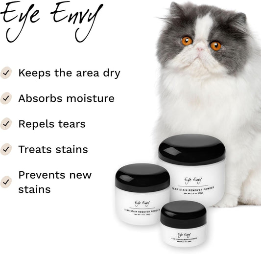 Eye Envy Tear Stain Remover Powder for Dogs and Cats. 100% Natural, Safe. Apply Around Eyes. Absorbs and Repels Tears. Keeps Area Dry. Treats The Cause of Staining. Made in The USA. (.5 oz)