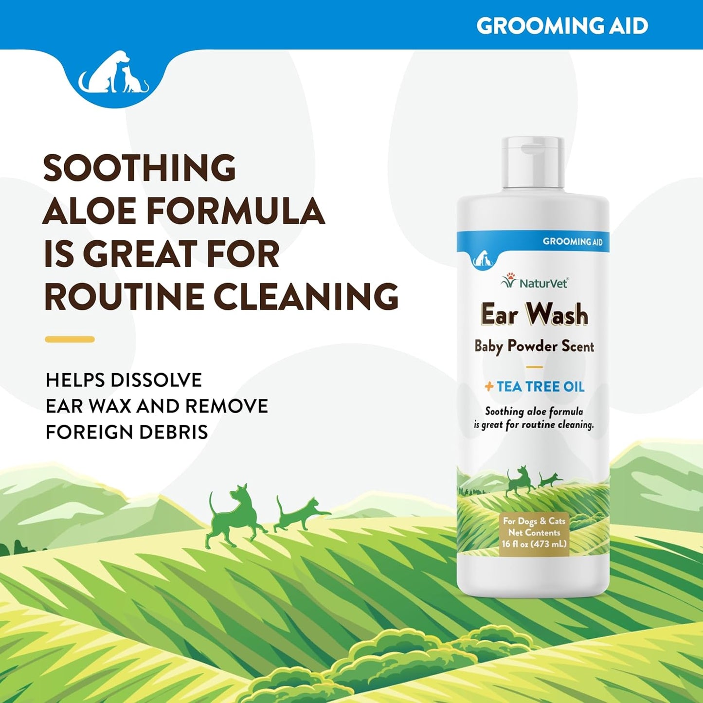 NaturVet Ear Wash Liquid Supplement for Dogs & Cats – Pet Health Supplement Cleans Dog, Cat Ear Canals – Includes Aloe, Tea Tree Oil – Helps Remove Pet Ear Wax, Dirt, Debris – 16 Oz.