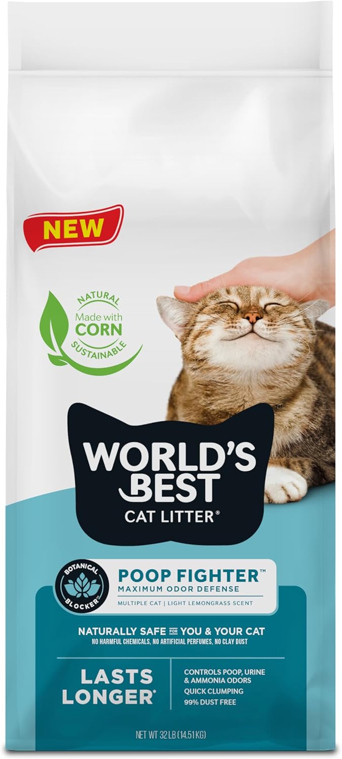 WORLD'S BEST CAT LITTER Poop Fighter Maximum Odor Defense, 32-Pounds - Natural Ingredients, Quick Clumping, Flushable, 99% Dust Free & Made in USA - Long-Lasting Odor Control & Easy Scooping